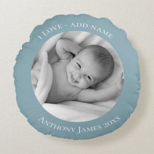 Blue Personalized Photo Name Year  Round Pillow