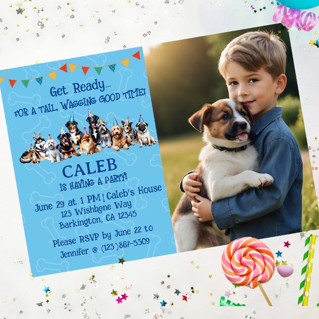 Blue Personalized Photo Puppy Dog Birthday Invitation (Creator Uploaded)