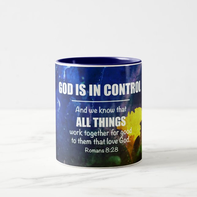 Blue Personalized ROMANS 8:28 Christian Two-Tone Coffee Mug (Center)