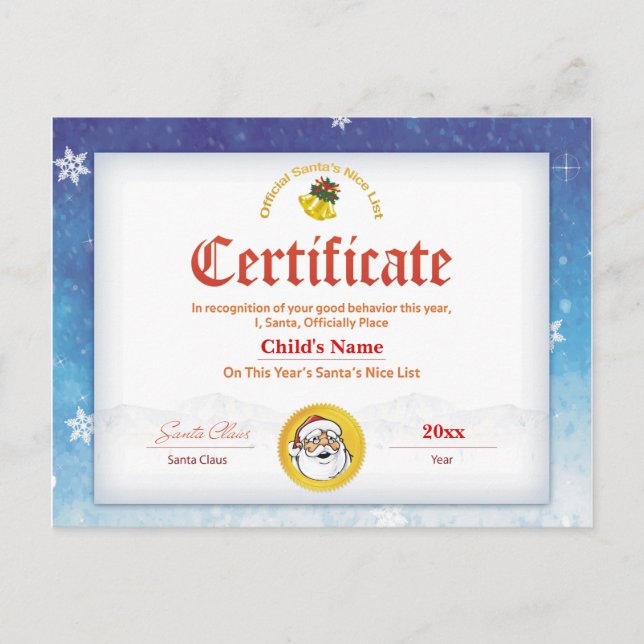 Blue Personalized Santa's Nice List Certificate Postcard (Front)