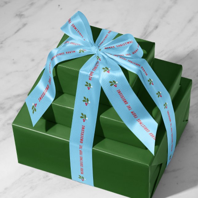 Blue Personalized Text with Holly Sprigs Holiday Satin Ribbon (blue personalized Christmas text and name holiday gift ribbon with holly leaf and berries)