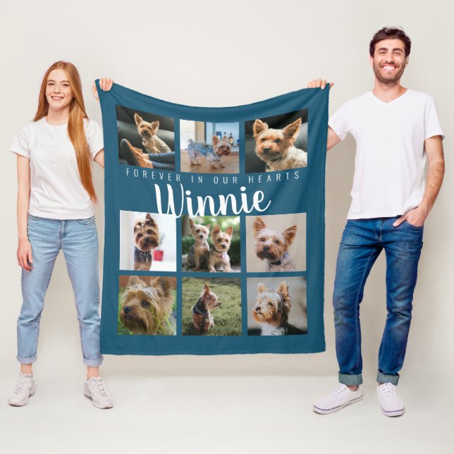 Blue Pet Photo Collage Memory Keepsake Script Name Fleece Blanket (In Situ)