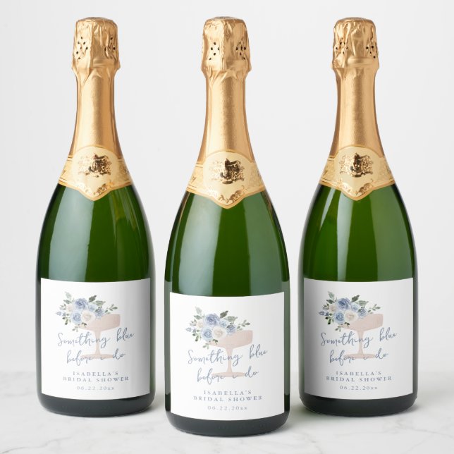 Blue Petals and Prosecco bridal shower Sparkling Wine Label (Bottles)