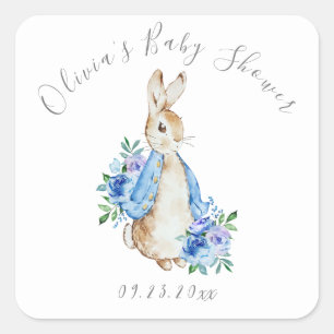 Blue Peter Rabbit Floral Boy Baby Shower Square Sticker