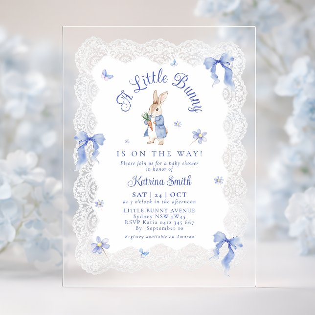 Blue Peter Rabbit Lace Baby Shower Acrylic Invitations (Creator Uploaded)