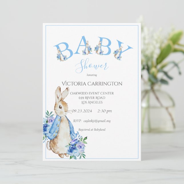 Blue Peter Rabbit Letters Baby Shower Invitation (Standing Front)