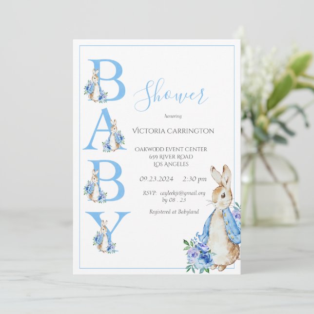 Blue Peter Rabbit with Flowers Baby Shower Invitation (Standing Front)