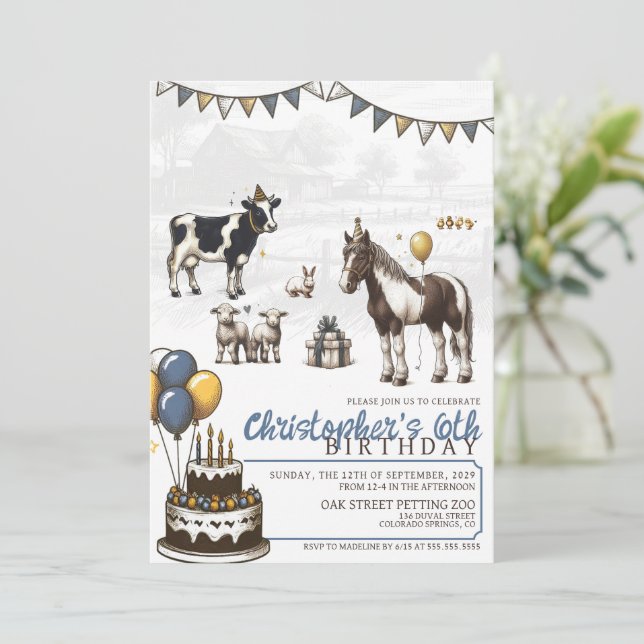Blue Petting Zoo Birthday Party Invitation (Standing Front)