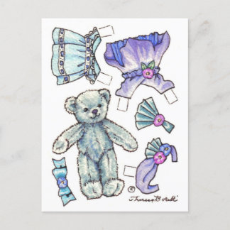 Blue Petunia Teddy Bear Paper Doll cute Postcard
