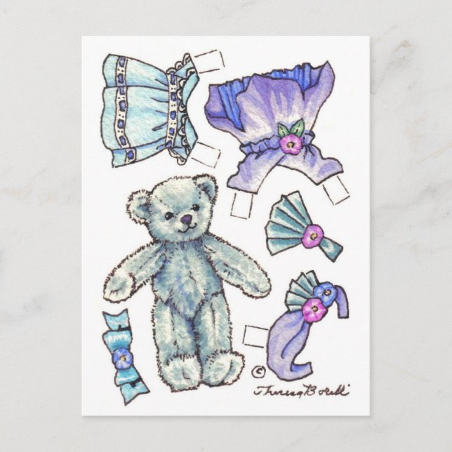 Blue Petunia Teddy Bear Paper Doll cute Postcard (Front)
