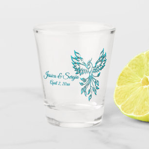 Blue Phoenix Rises Bride and Groom Plus Date Shot Glass