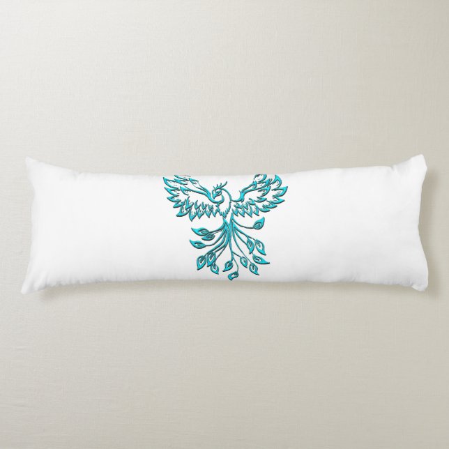 Blue Phoenix Rises on White Body Pillow (Front)