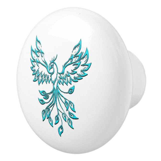 Blue Phoenix Rises on White Ceramic Knob (Right)