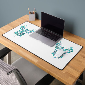 Blue Phoenix Rises on White Desk Mat