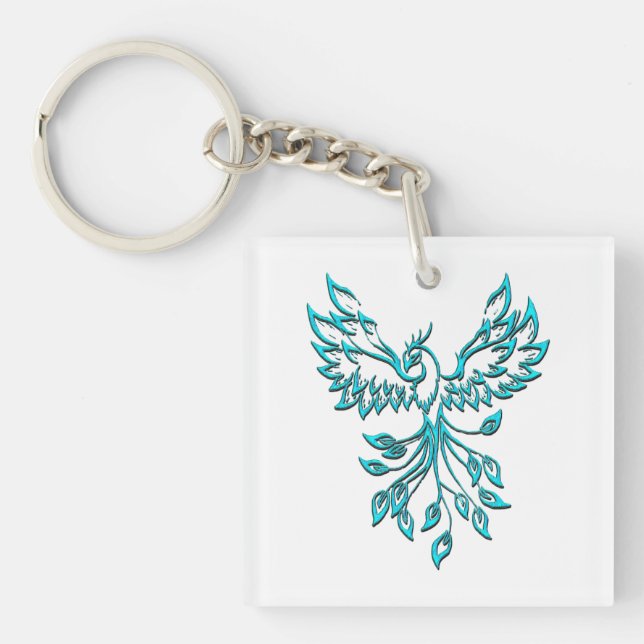 Blue Phoenix Rises on White Keychain (Front)