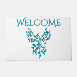 Blue Phoenix Rises on White Welcome  Doormat