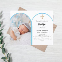Blue photo arch boy cross Baptism invitation