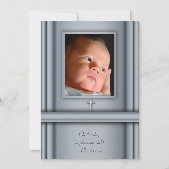 Blue Photo Baby Boy Christening Invitations (Front)