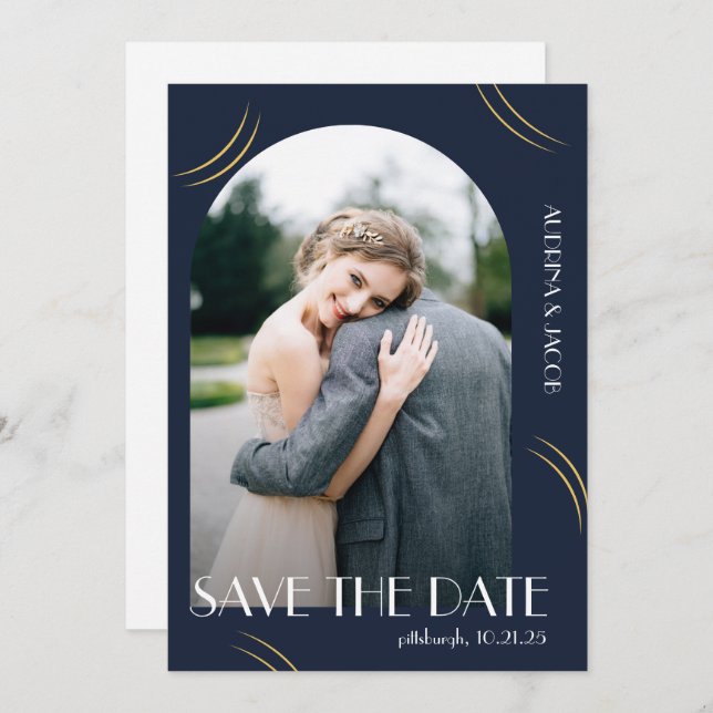Blue Photo Big Typography Wedding Save The Date (Front/Back)