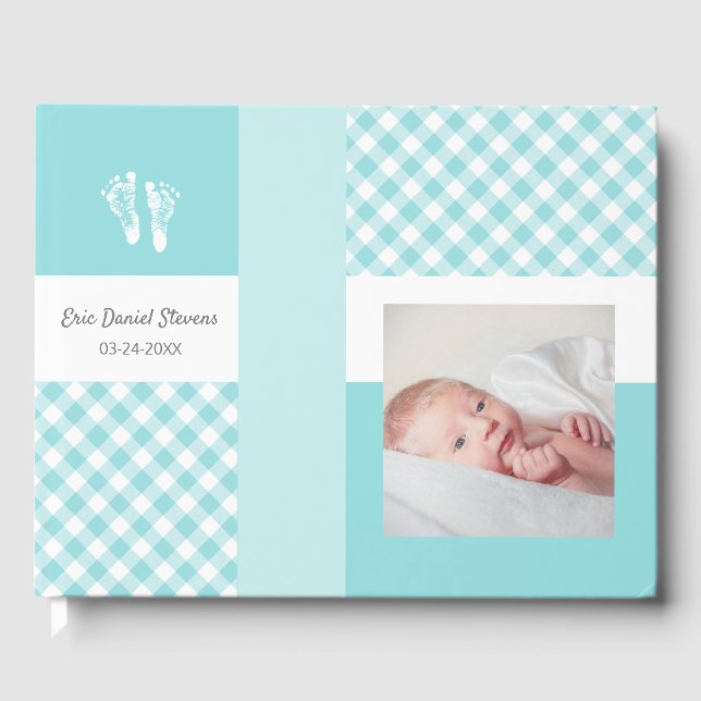 Blue Photo Birth Announcement Gingham Footprints Guest Book (Front)