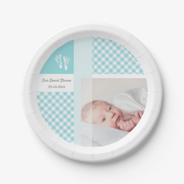 Blue Photo Birth Announcement Gingham Footprints Paper Plate (Front)