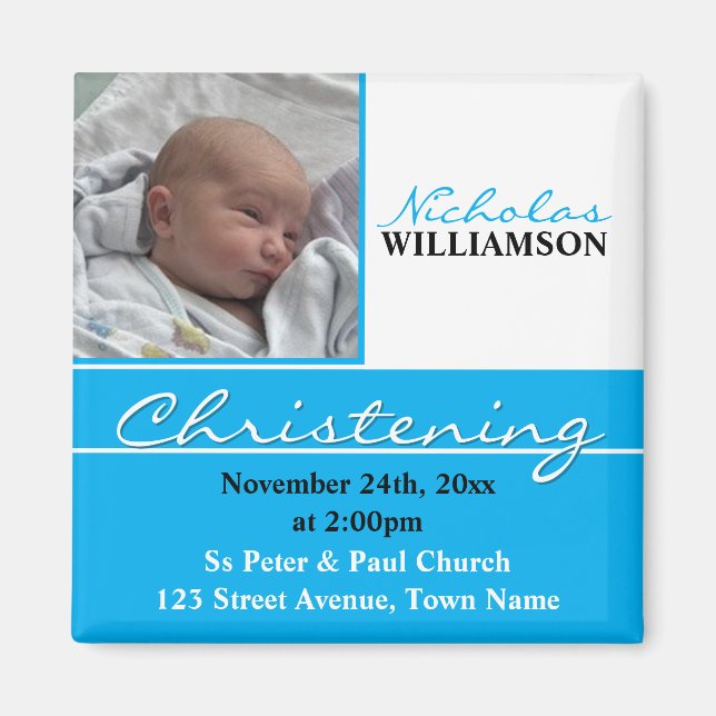 Blue Photo Christening or Baptism Invitation Magnet (Front)