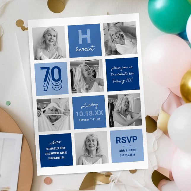 Blue Photo Collage 70th Birthday Invitation (Creator Uploaded)