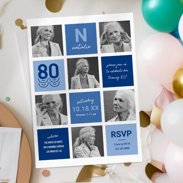 Blue Photo Collage 80th Birthday Invitation (Creator Uploaded)