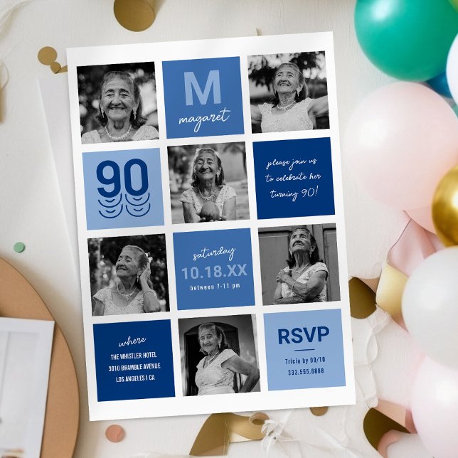 Blue Photo Collage 90th Birthday Invitation (Creator Uploaded)