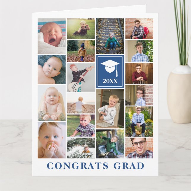 Blue Photo Collage Congrats Grad Big Card (Front)