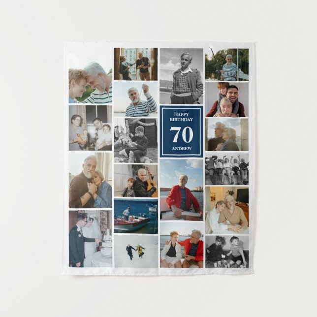 Blue Photo Collage Happy Birthday Name & Age Tapestry (Front)