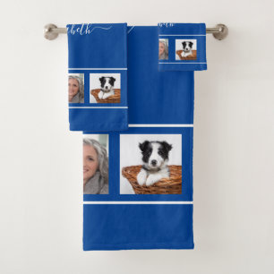 Blue photo collage monogram script bath towel set
