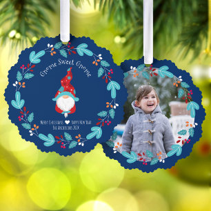 Blue Photo Gnome Sweet Gnome Elf Floral Wreath Ornament Card