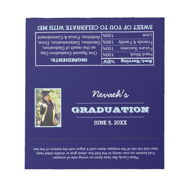 Blue Photo Graduation Favour Candy Wrappers Notepa Notepad (Front)