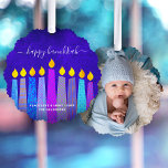 Blue Photo Hanukkah Menorah Candles Modern Boho Ornament Card<br><div class="desc">“Happy Hanukkah.” A playful, modern, artsy illustration of boho pattern candles and handwritten calligraphy script help you usher in the holiday of Hanukkah in style. Assorted blue boho candles with colourful faux foil patterns overlay a rich, deep blue textured background on the front. Your favourite photo adorns the back. Feel...</div>