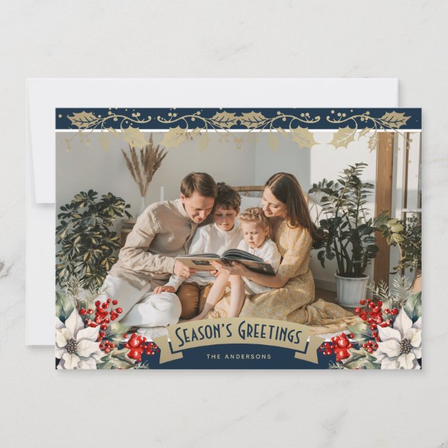 Blue Photo Holly Snowflakes Season's Greetings Holiday Card (Front)