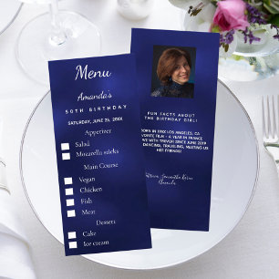 Blue photo meal options fun facts birthday menu