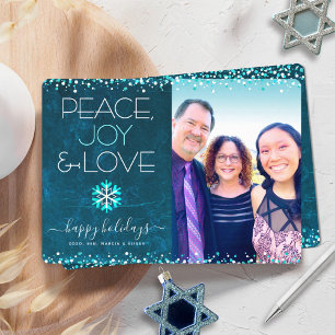 Blue Photo Peace Joy Love Script Snowflake Modern  Holiday Card