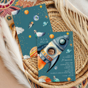 Blue Photo Rocket First Trip Around the Sun Space Invitation