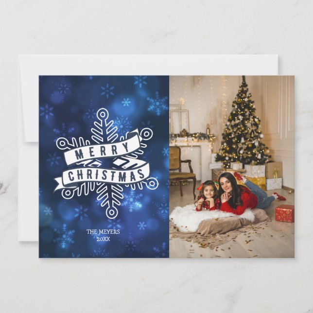 Blue Photo Snowflake Merry Christmas Lettering  Holiday Card (Front)