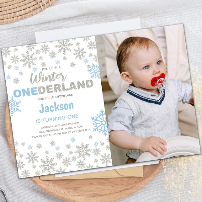 Blue Photo SnowFlake Winter Birthday Onederland Invitation (Blue Photo SnowFlake Winter Birthday Onederland Invitation)