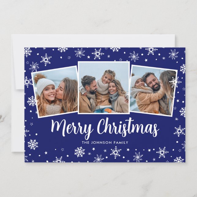 Blue Photo Snowflakes Christmas Holiday Card (Front)