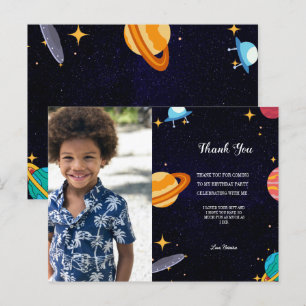 Blue photo space birthday party, thank you postcard