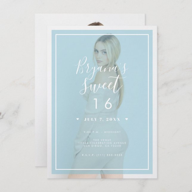 Blue Photo Tint Overlay 2 Modern Minimal Sweet 16 Invitation (Front/Back)