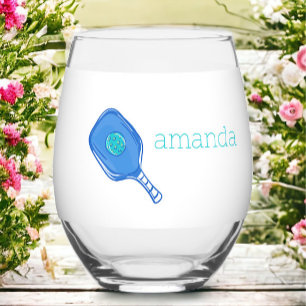 Blue Pickleball Paddle & Ball Personalized Preppy  Stemless Wine Glass