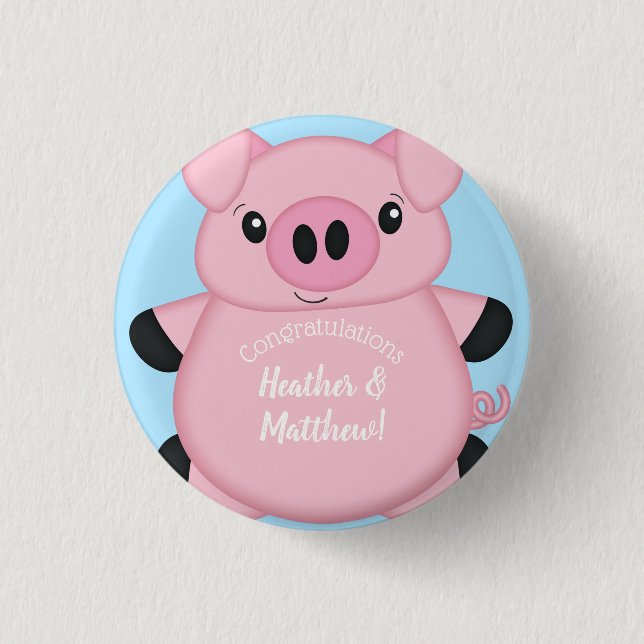 Blue Pig Baby Shower 1 Inch Round Button (Front)