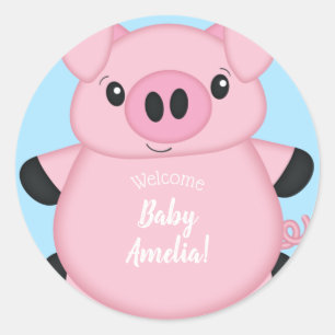 Blue Pig Baby Shower Classic Round Sticker