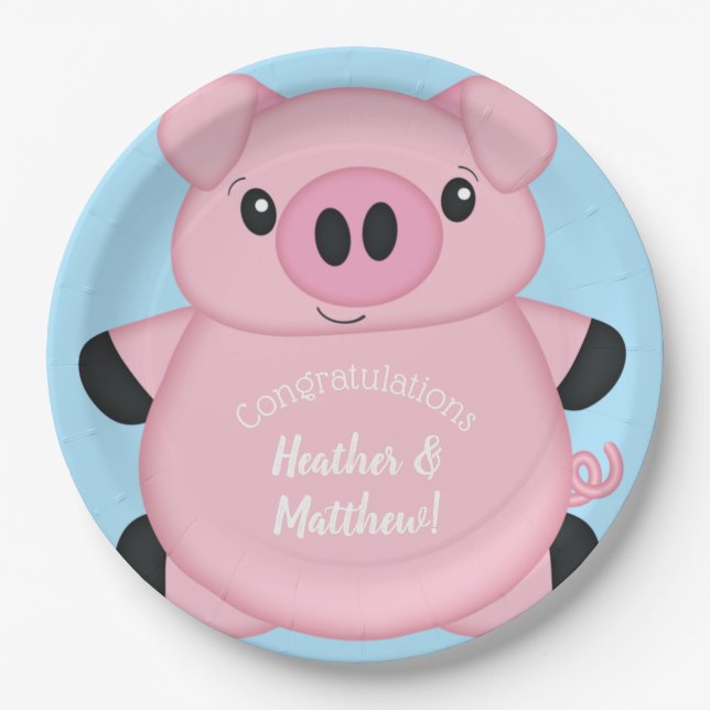 Blue Pig Baby Shower Paper Plate (Front)