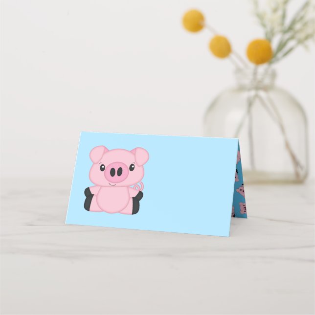 Blue Pig Baby Shower Place Card (Front)
