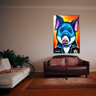 Blue pig in police uniform   AI Art Poster